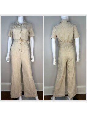Vintage 1970s Tan Safari Flare Leg Jumpsuit, Sears Jr Bazaar Size Small